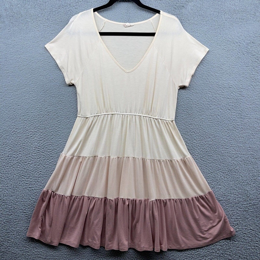 Anthropologie Hem Thread Women Dress Tier Short Sleeve V-Neck Multicolor Size L